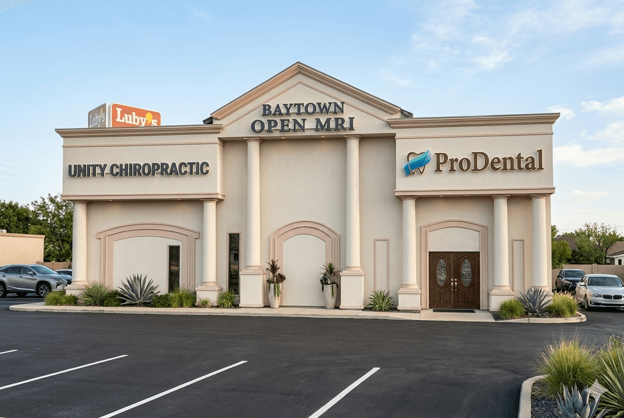 The Baytown Open MRI clinic building exterior at 4310 Garth Rd, Baytown, TX.
